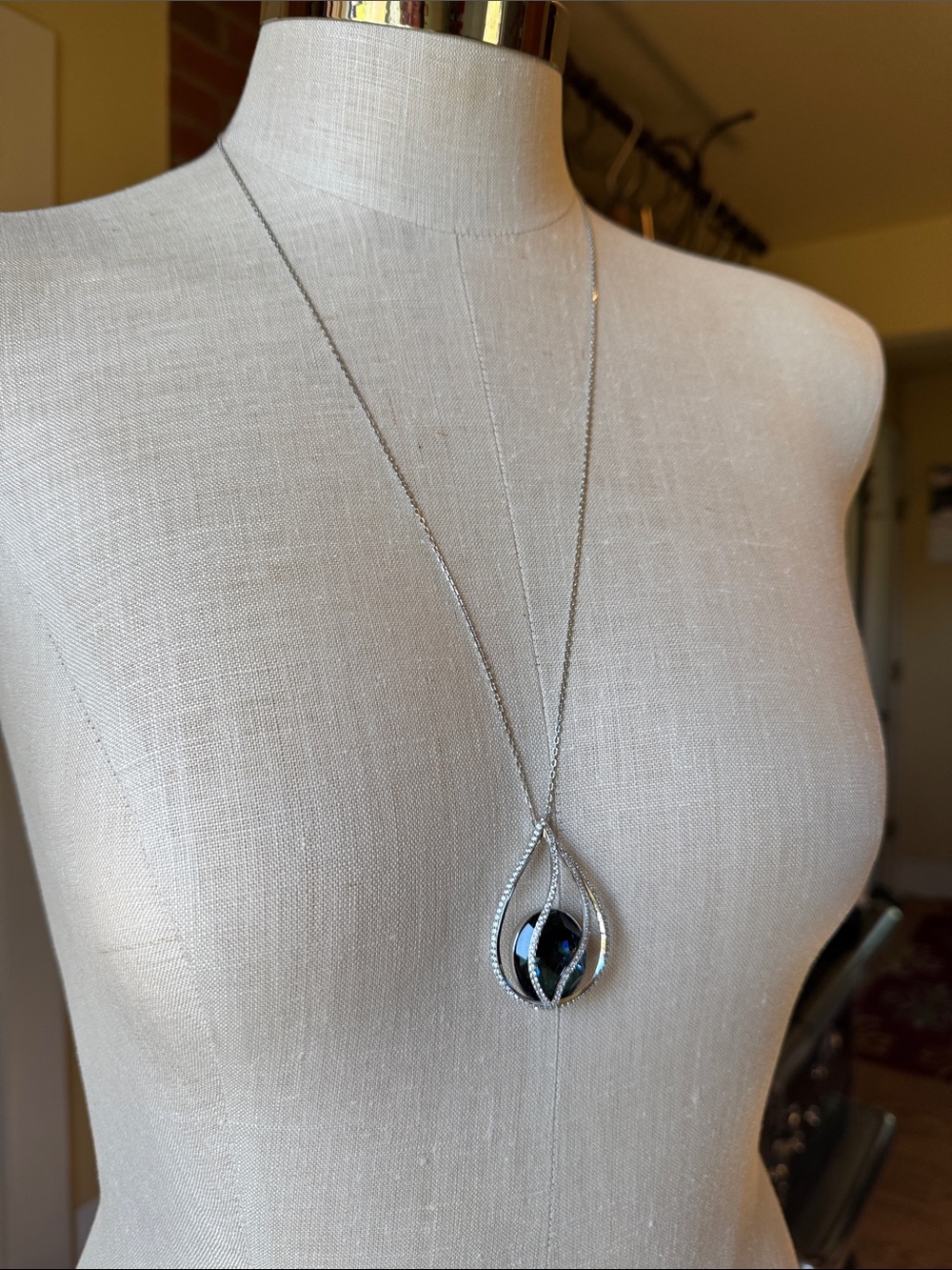 Swarovski Silver Teardrop Necklace with Deep Blue Crystal